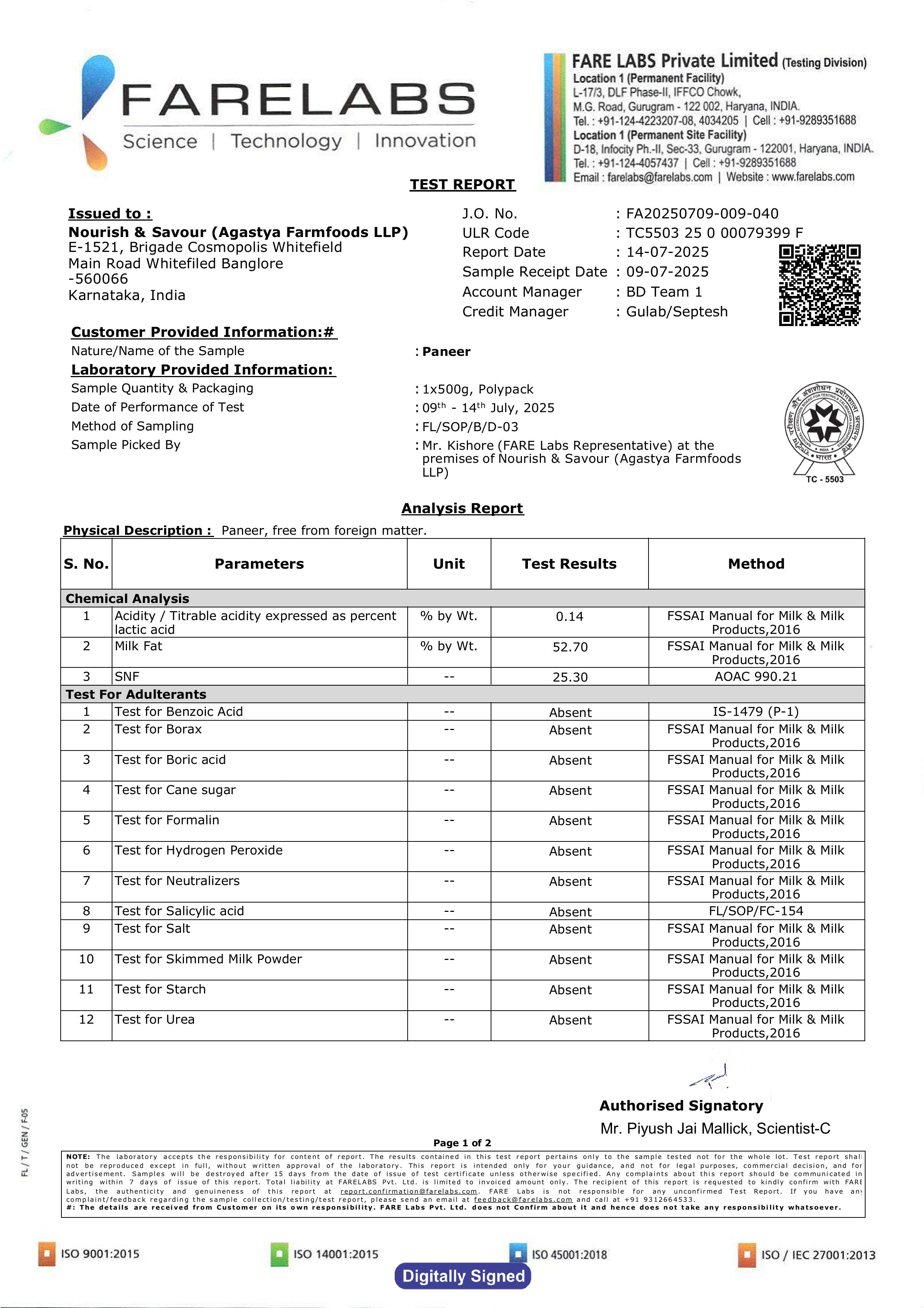 Fresh Paneer Lab Report Page 1
